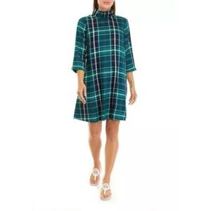 Crown  Ivy Green Plaid Bow Back Ruffle Neck 3/4 Length Sleeve Shift Dress size M